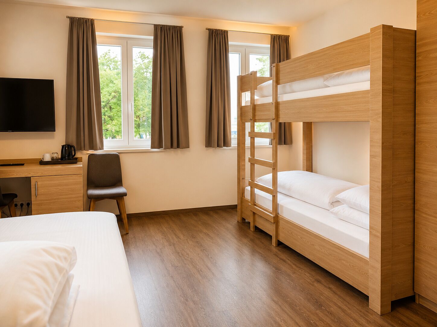 A hotel room with a bunk bed, a desk with a chair, a TV, and a window with curtains.