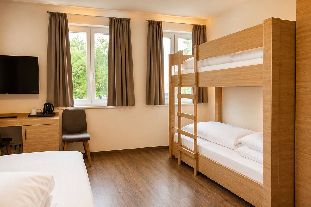 A hotel room with a bunk bed, a desk with a chair, a TV, and a window with curtains.