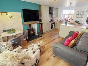 Ein modernes Wohnzimmer mit Kamin, Fernseher und einer Couch.