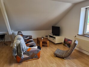 Una sala de estar con un sofá, un televisor sobre un mueble bajo, una mesita y una silla de mimbre.