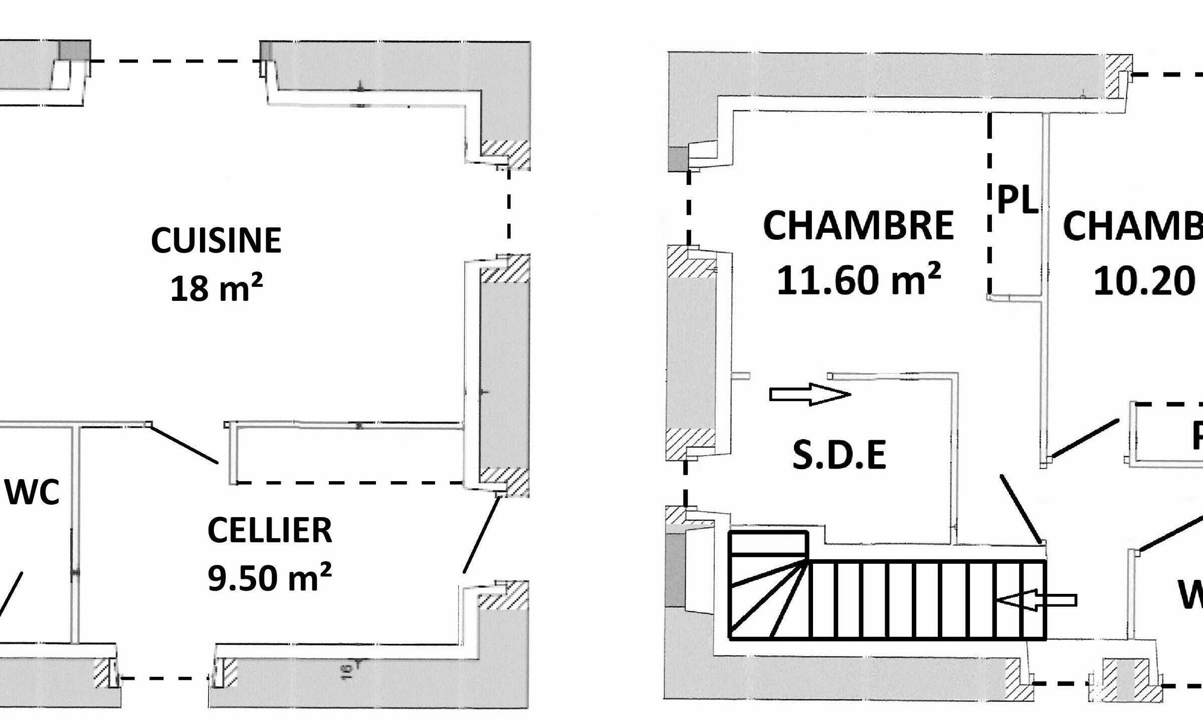 A floor plan with a kitchen (18 m²), a cell (9.50 m²), a living room (11.60 m²), and a bedroom (10.20 m²).