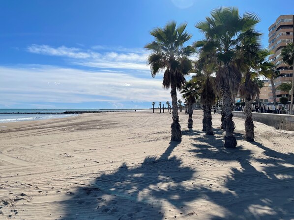 A sandy beach with palm trees and a clear sky. - Apartment very close to the beach and the subway station. (El Campello)