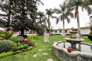 Um jardim com uma fonte, palmeiras e um edifício ao fundo.