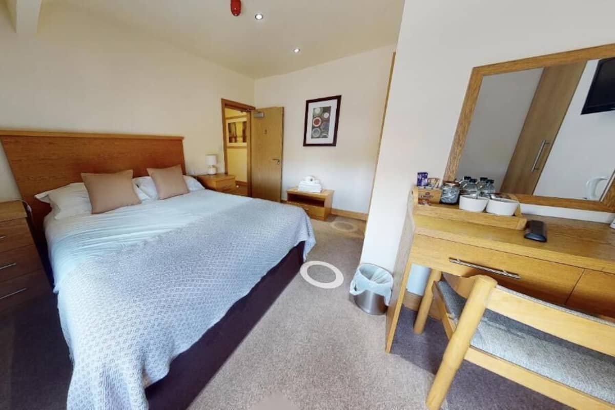 A bedroom with a bed, wooden dresser, desk, and a mirror.