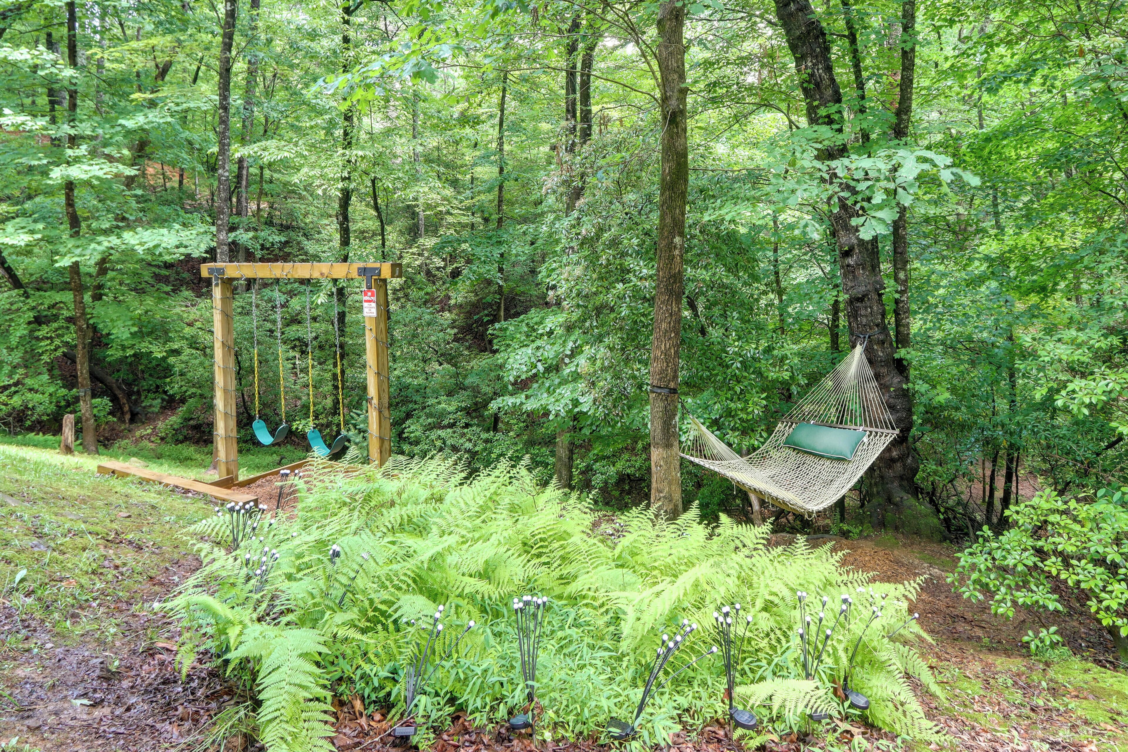 Un hamac dans une zone boisée, avec une balançoire en bois et des fougères.