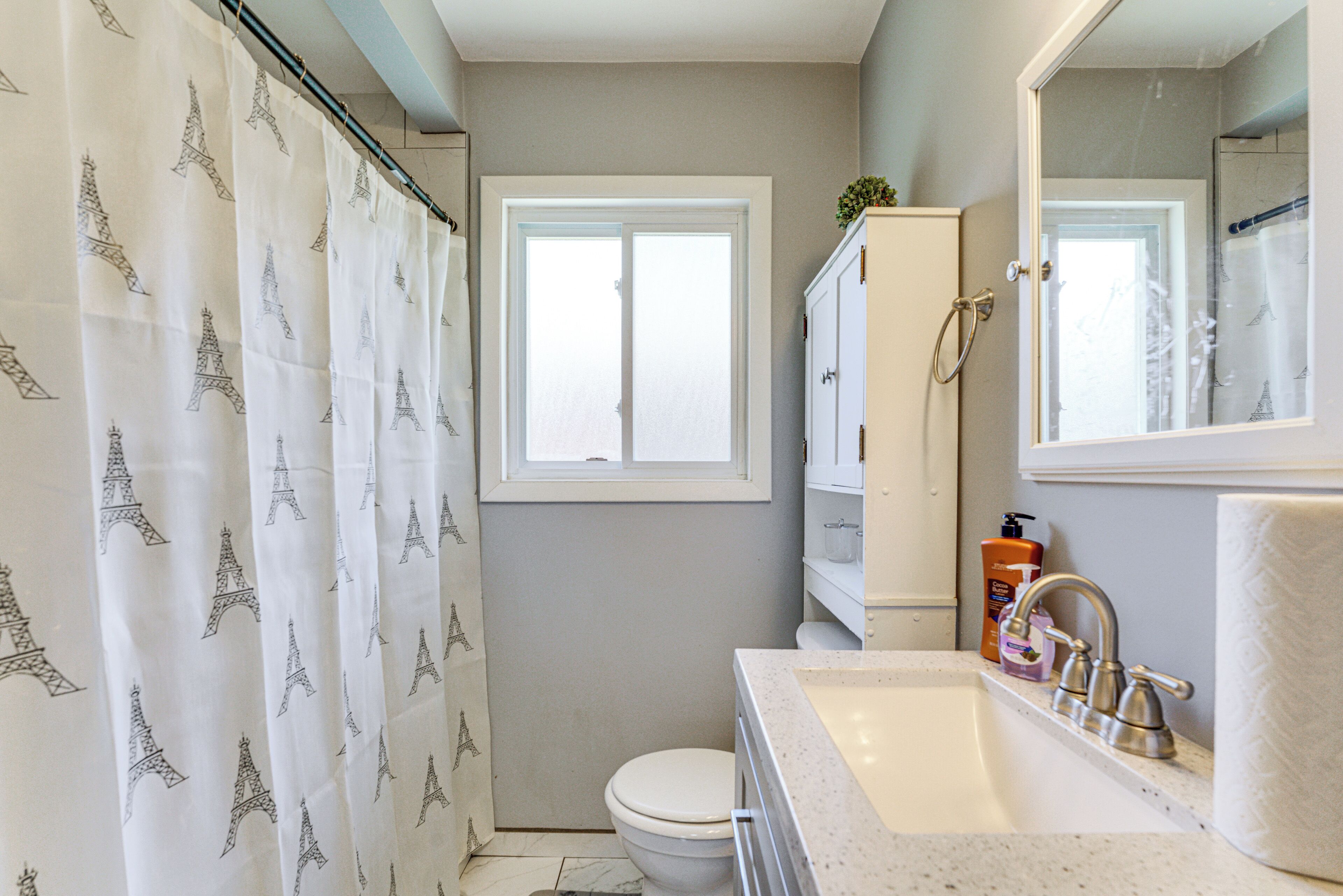 A bathroom with a shower curtain featuring the Eiffel Tower design, a toilet, a sink with a mirror, and a cabinet.