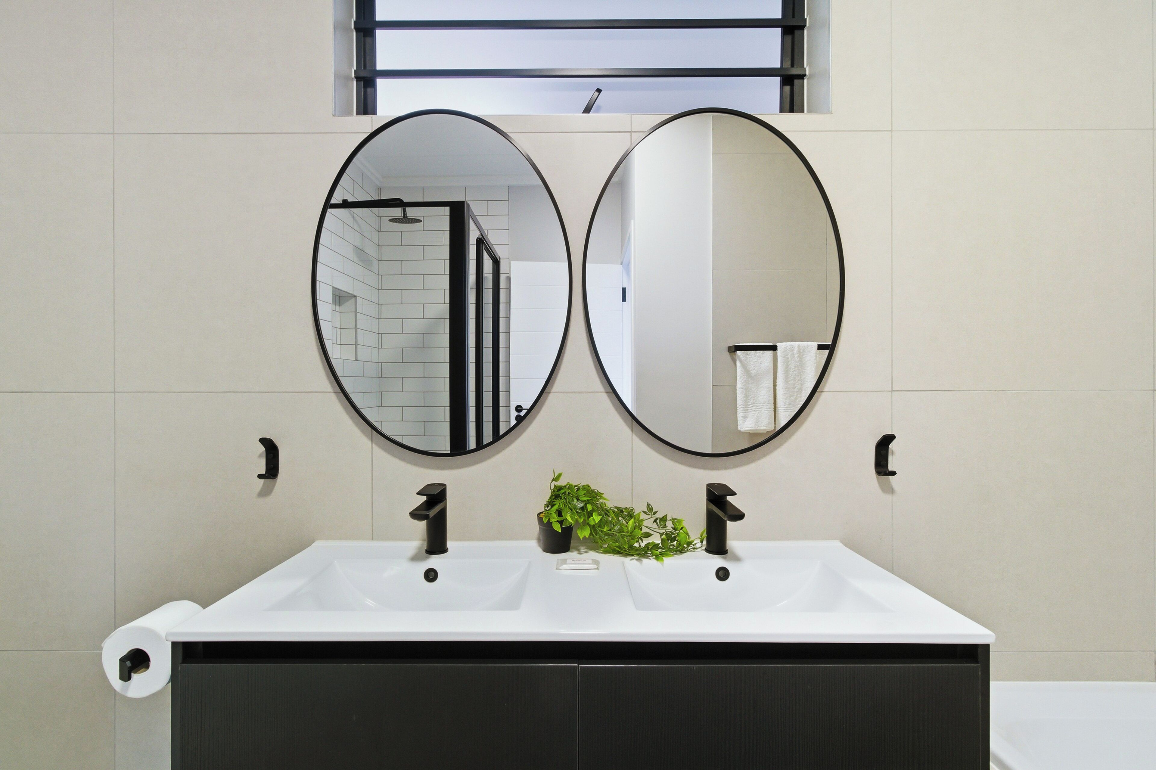 A bathroom with two sinks, a toilet paper holder, and a potted plant.