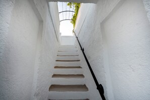 A narrow white staircase with a black handrail leading to a covered area with greenery above. - Alloro Double Room in Elegant Villa near Beaches and Countryside (Macchia al Monte)