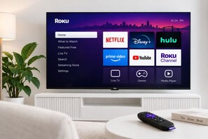 A flat-screen TV displaying a Roku interface with various streaming service icons and menu options.