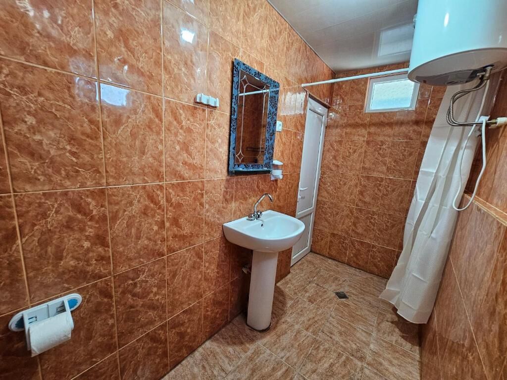 A bathroom with a pedestal sink, a mirror, a shower curtain, and a toilet paper holder.