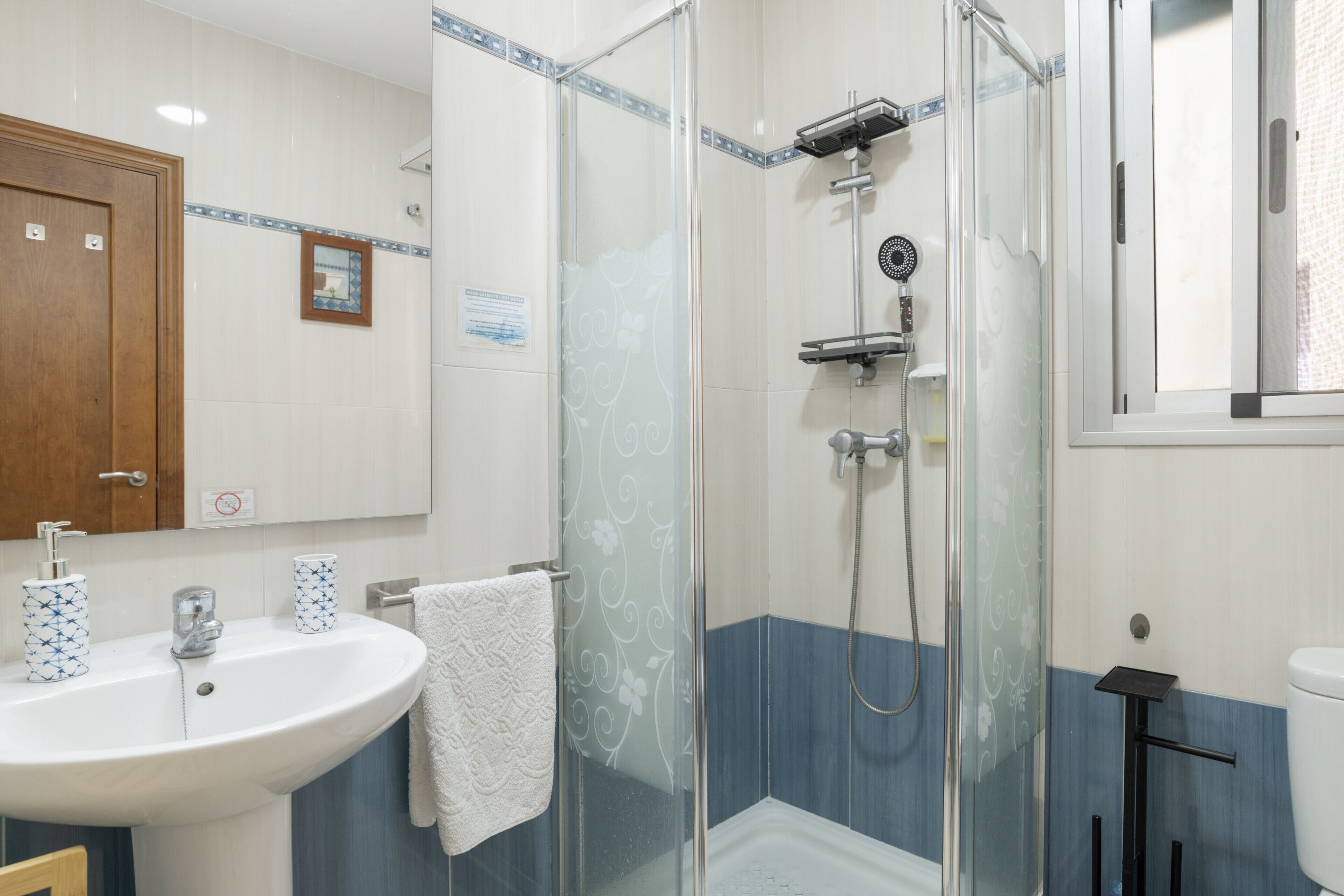 Une salle de bain avec une douche à parois de verre, un lavabo doté de deux distributeurs de savon décorés, et une serviette blanche suspendue à un porte-serviettes.