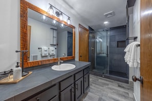 A modern bathroom with a large mirror, a sink, and a shower area. - Tails & Trails 3 Bedroom Home (Portland)