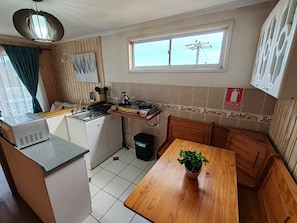 Una cocina compacta con estufa, lavamanos y una mesa de comedor con una planta en maceta.