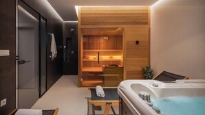 A modern bathroom with a shower, a bathtub, and a sauna. - Villa Sara Murter (Jezera)