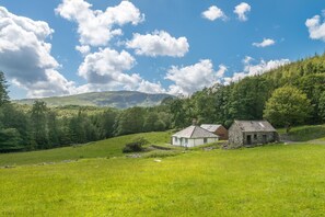 Un paysage rural avec une maison en pierre, un champ verdoyant et une montagne en arrière-plan.
