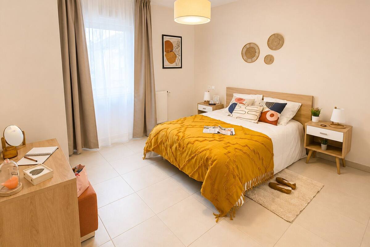 A hotel room with a bed, bedside tables, a desk, a mirror, and a window with curtains.