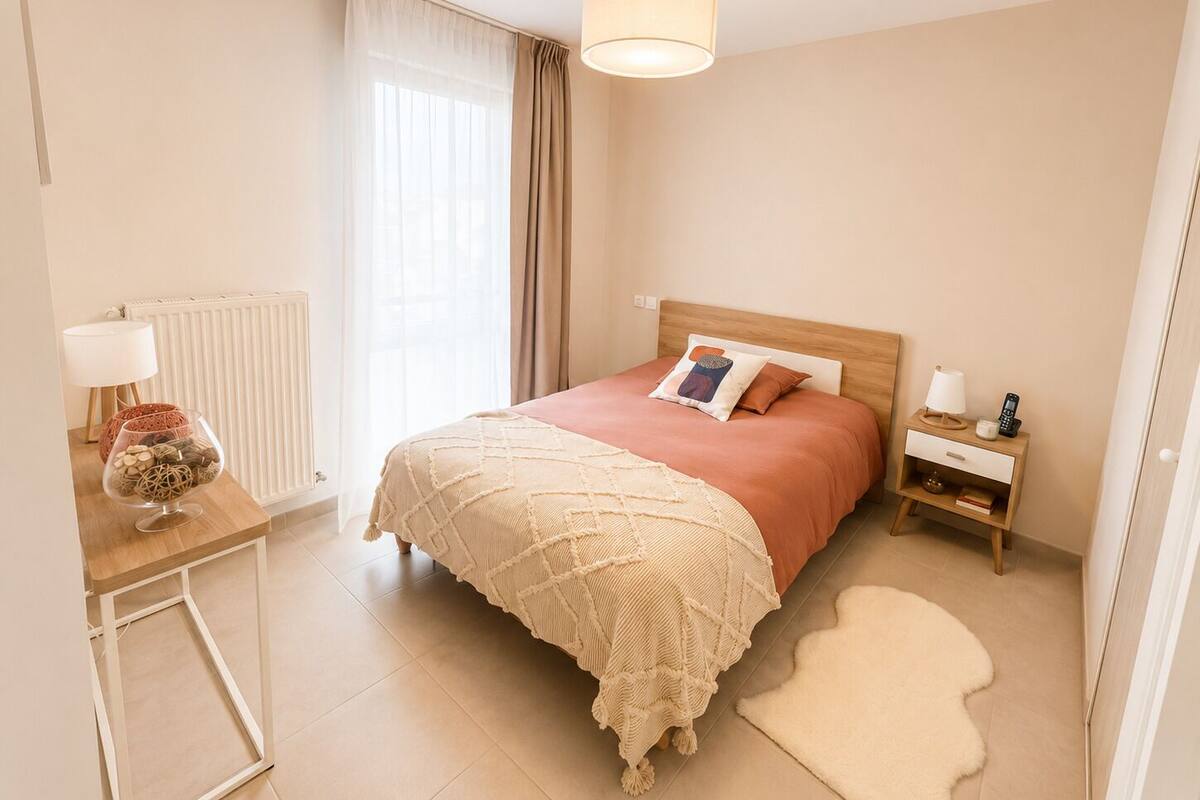 A bedroom with a bed, bedside table, lamp, and a small rug.