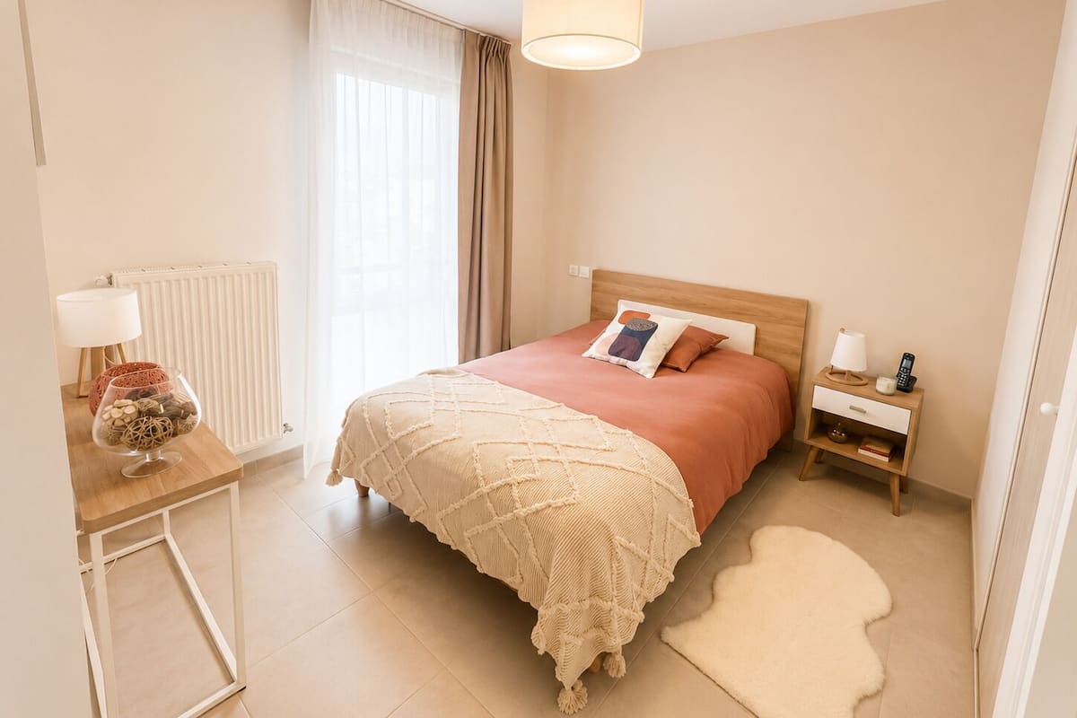 Ein Schlafzimmer mit einem Bett, einem Nachttisch, einer Lampe und einem kleinen Teppich.