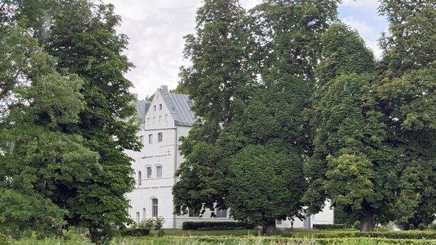Suuri rakennus, jossa on torni, ja sen ympärillä on vehreää kasvillisuutta ja puita.