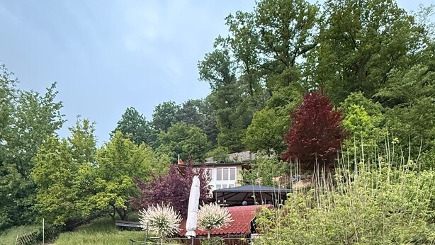 A garden with a stone wall, potted plants, and a wooden pergola. - Our small chalet in the heart of the Palatinate Forest. Relaxation, hiking, romance. (Lindenberg)