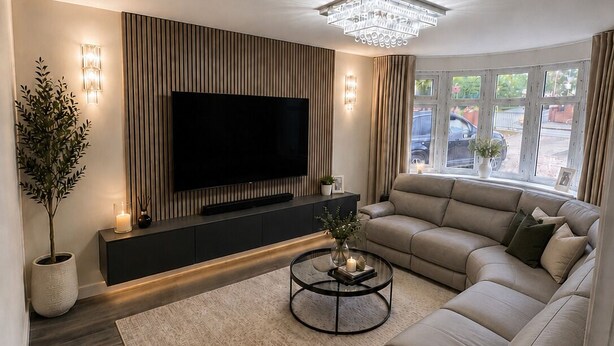 Un salon moderne doté d’un grand téléviseur à écran plat, d’un canapé d’angle, d’une table basse et d’une plante en pot.
