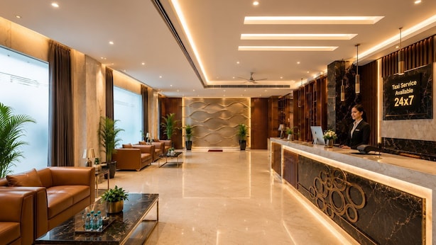 A modern hotel lobby with leather seating, a reception desk, and a large window. - Hotel The Capital Stay (New Delhi)