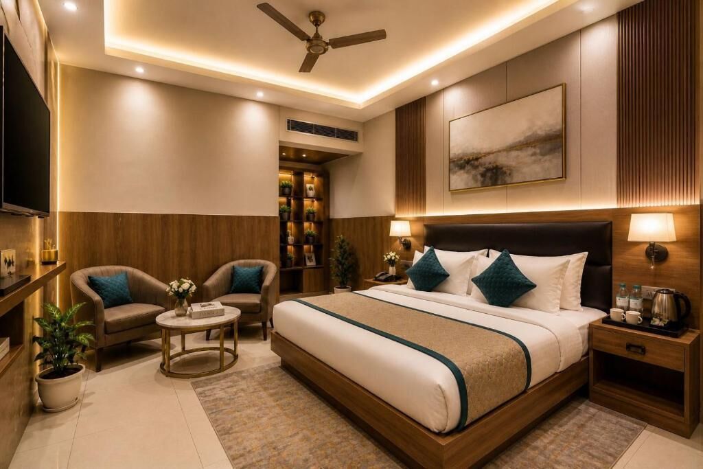 Una habitación de hotel moderna con una cama grande, dos sillones, una mesa de centro, televisión y ventilador de techo.