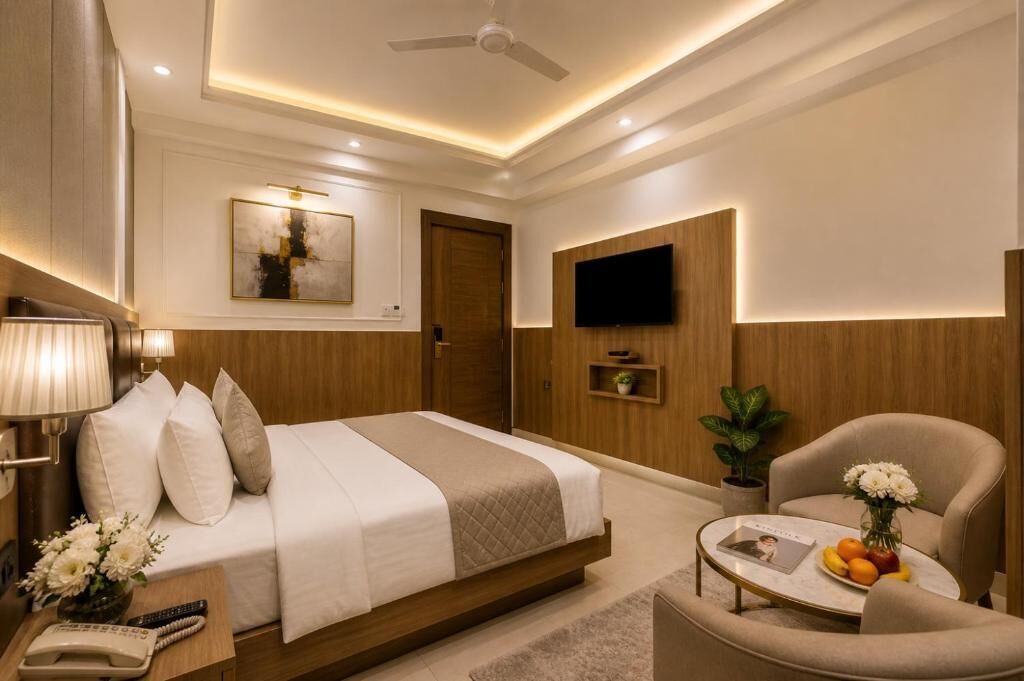 A hotel room with a bed, bedside table, lamp, TV, and a small table with fruits and flowers.