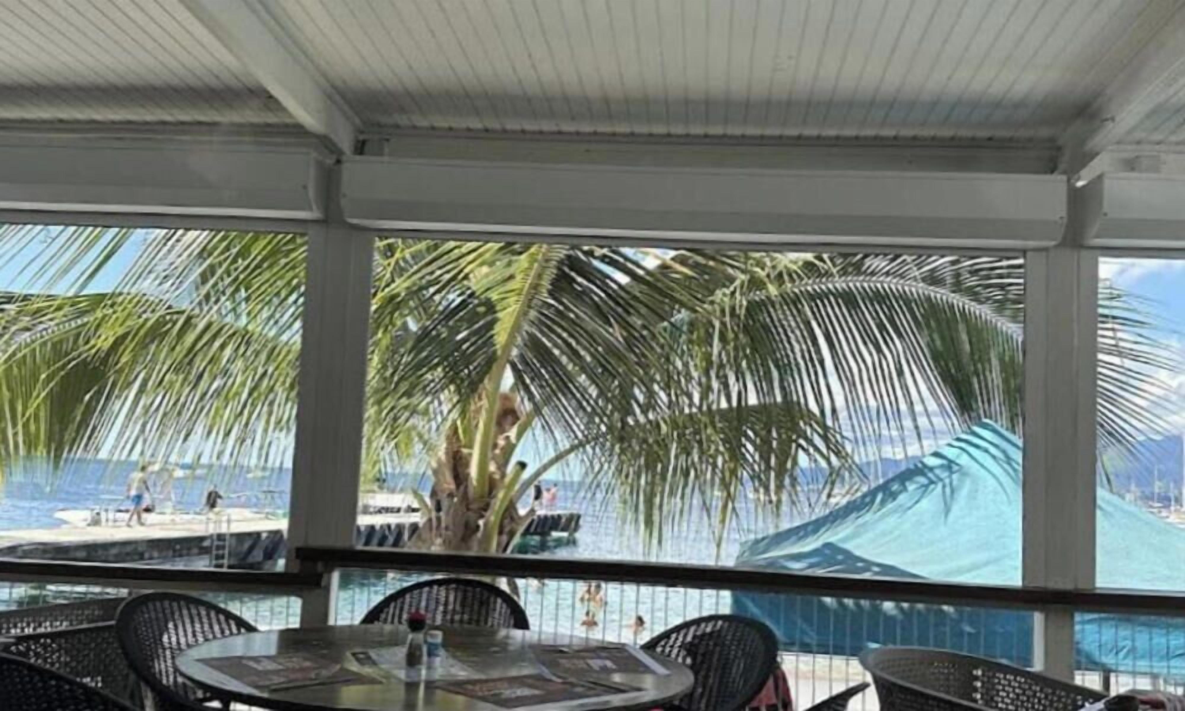 A covered outdoor seating area with tables and chairs, overlooking a pool and palm trees.