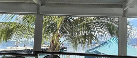 A covered outdoor seating area with tables and chairs, overlooking a pool and palm trees.