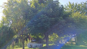 A garden with trees, a bird sculpture, and a fence. - Ground-Level Holiday Home by the Salt Marshes (Sande)