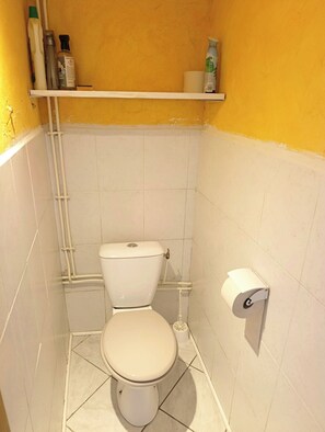A small bathroom with a toilet, a shelf with toiletries, and a toilet paper holder. - Small village house in Catalonia: Le Souleillou, beaches 7 mn away (Villelongue-de-la-Salanque)