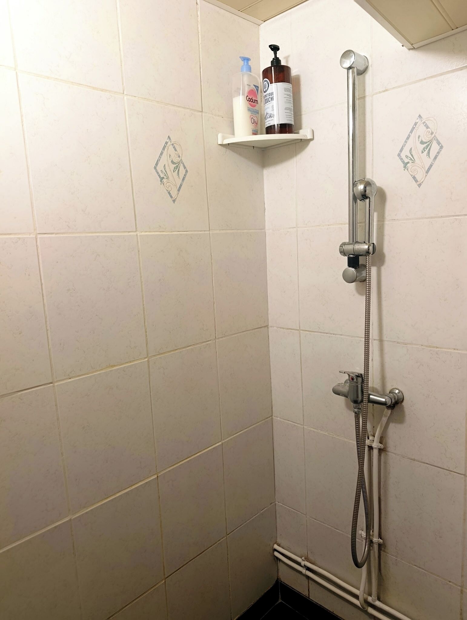 En bruser med håndbruser, armatur på væggen og en hylde med toiletartikler.