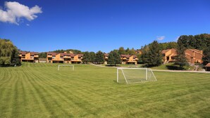 Un campo erboso ben curato con due porte da calcio, circondato da edifici a più piani con balconi.
