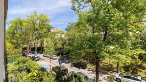 Straßenansicht mit parkenden Autos, Bäumen und Gebäuden.