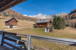 A wooden cabin with a metal roof, surrounded by a grassy area and a mountain backdrop.