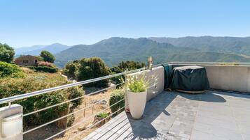 A rooftop terrace with a view of mountains, a potted plant, and a covered grill.