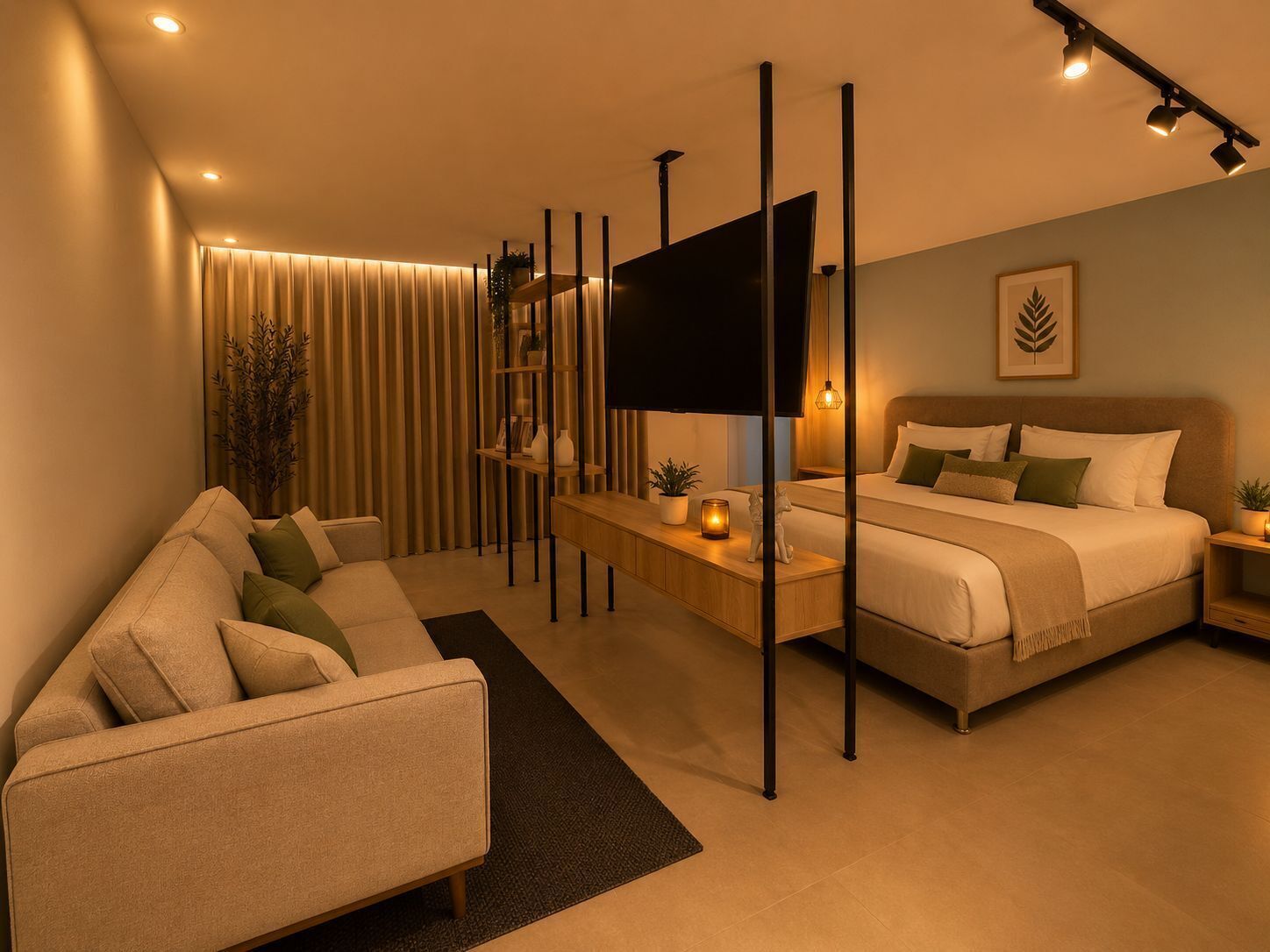 Un dormitorio moderno con sofá, cama, televisor y mesita de noche.