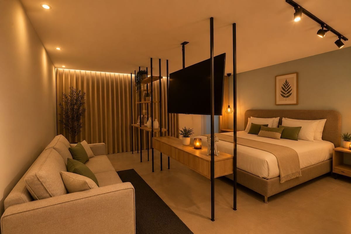 A modern bedroom with a sofa, a bed, a TV, and a bedside table.