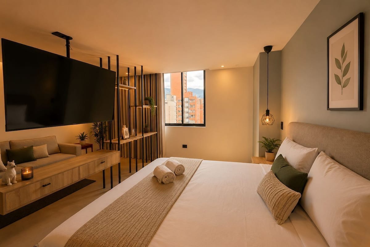 A modern hotel room with a large bed, a flat-screen TV, a wooden console table, and a city view.