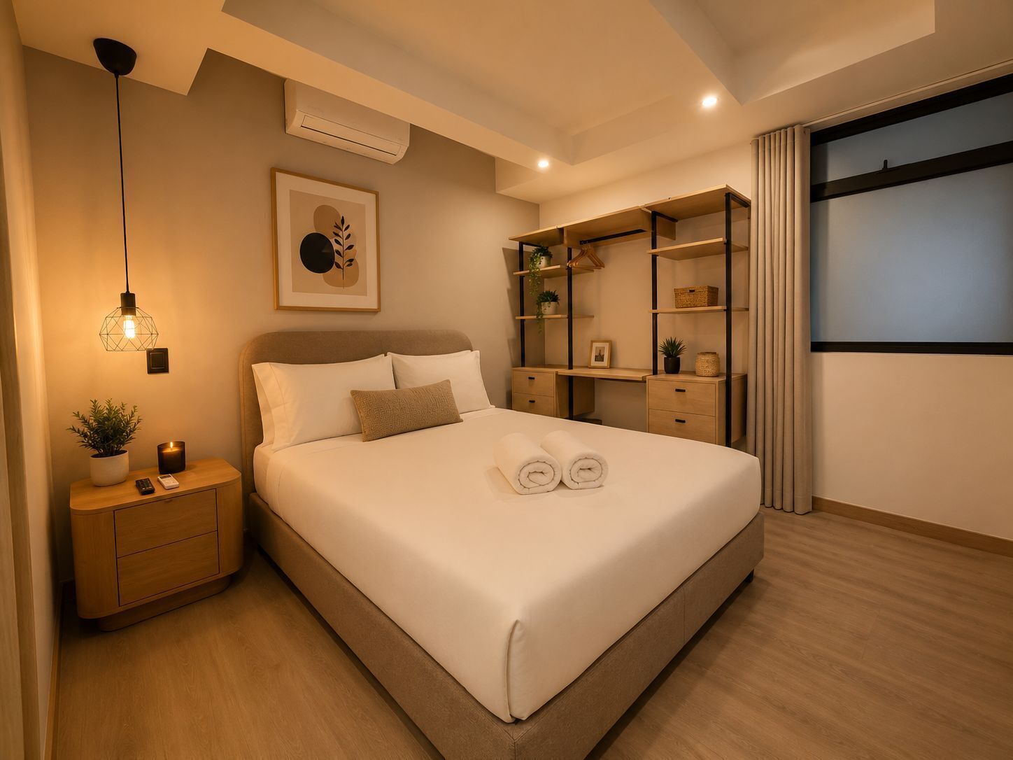 Quarto moderno com cama grande, mesas de cabeceira, escrivaninha, prateleiras e uma janela.