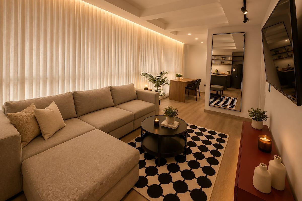A modern living room with a sofa, coffee table, and a patterned rug.