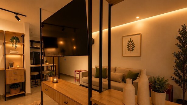 A modern living room with a sofa, coffee table, and decorative vases. - Apartamentos HEM (Medellín)