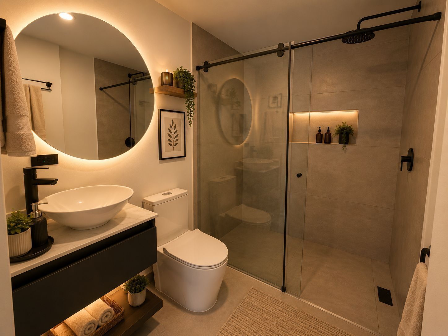 Shower, towels, soap, shampoo