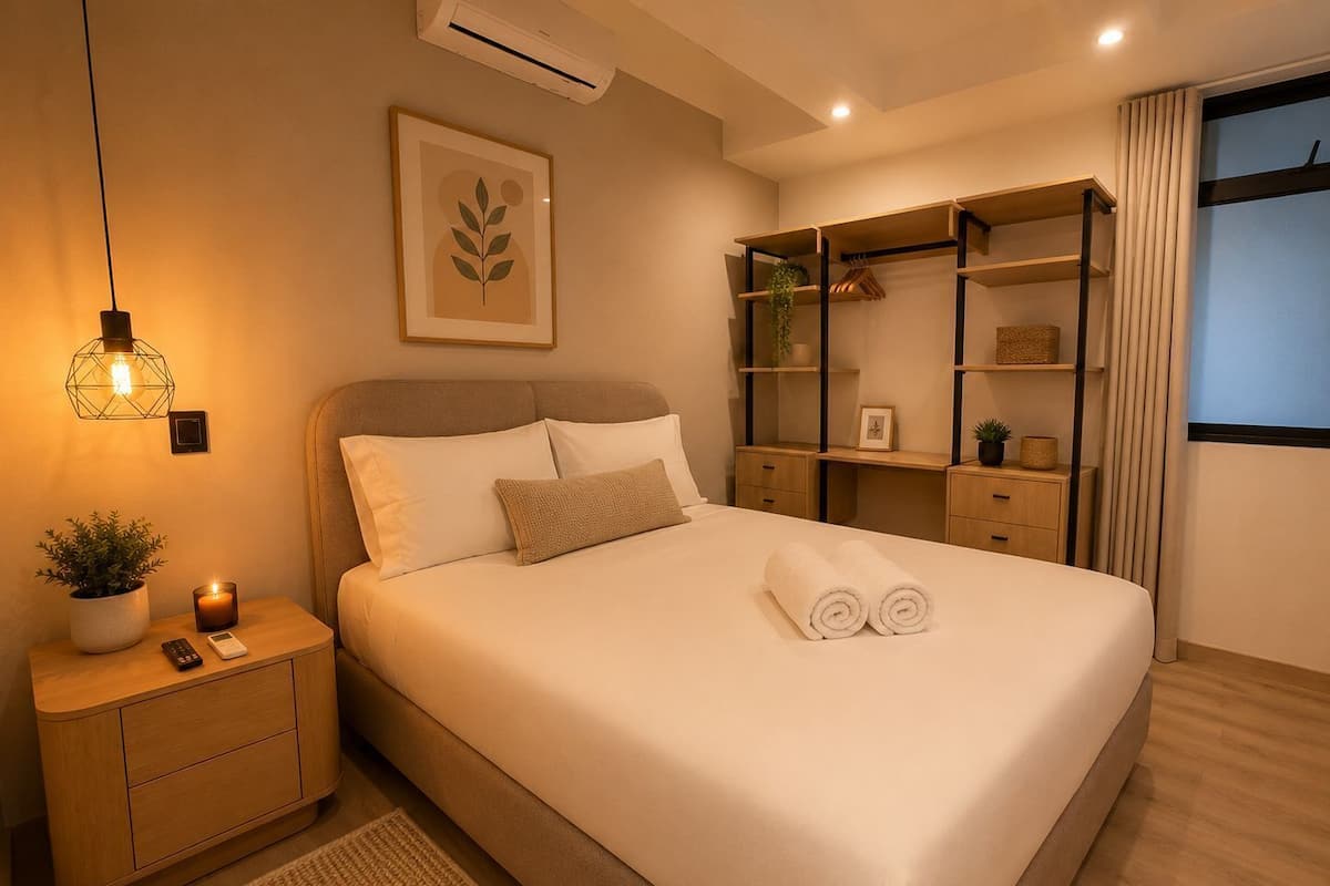 A modern hotel room with a large bed, bedside tables, a built-in wardrobe, and a wall-mounted air conditioner.