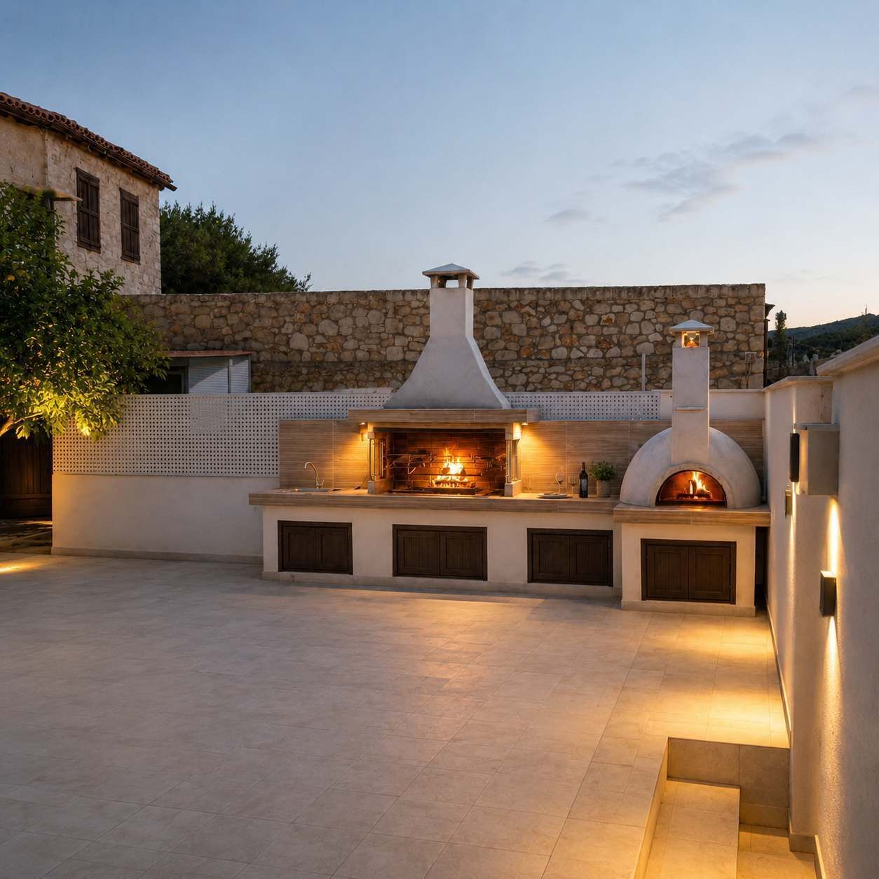 An outdoor kitchen with a stone wall, a chimney, and a fire pit.