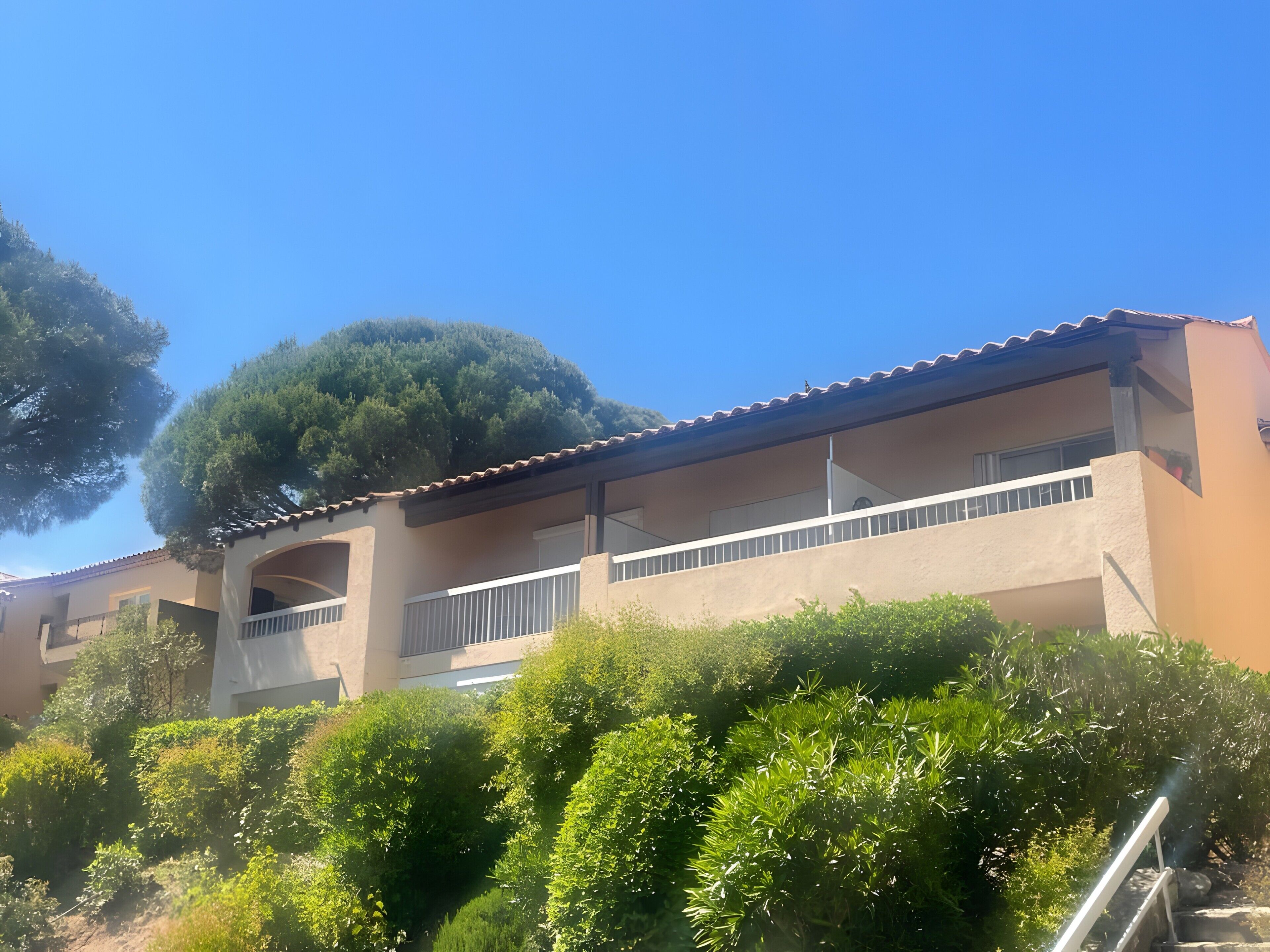 A multi-story building with balconies, surrounded by lush greenery.