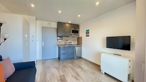 Eine moderne Wohnung mit Küchenzeile, einem Flachbildfernseher und einem Sofa.