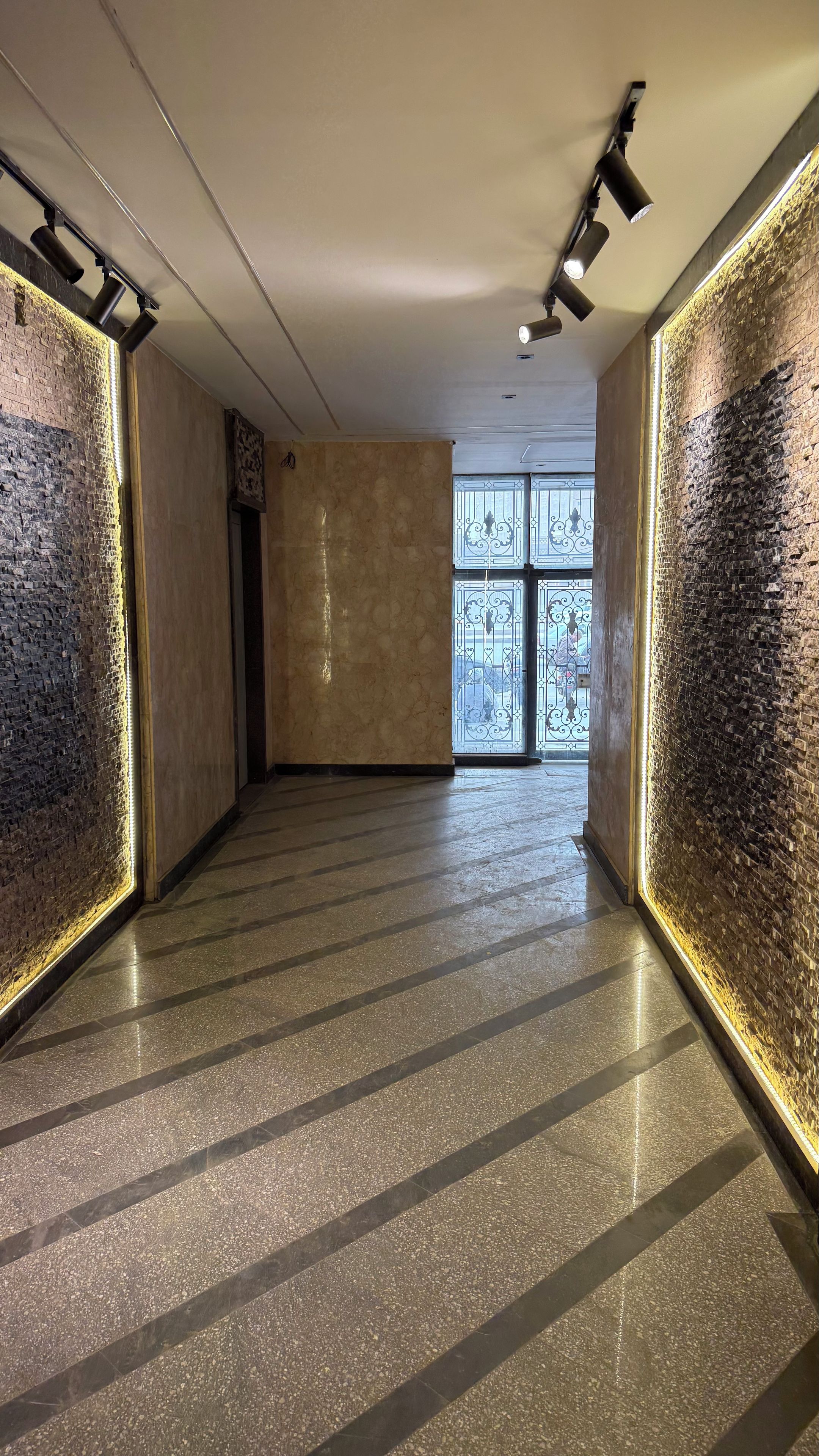 A corridor with patterned walls, a tiled floor, and a view of the outside through a door with decorative glass panels.