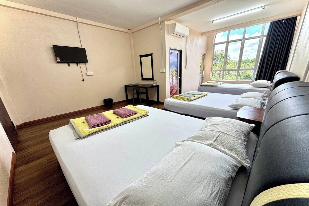 Habitación de hotel con dos camas, televisión, escritorio y ventana con vistas a árboles.